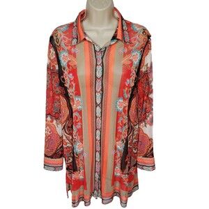 Chico’s Women’s Tunic Size 1 (8/10) Orange Paisley Mesh Travelers Button Up